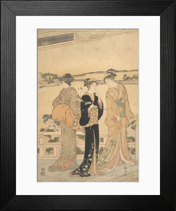 Framed Print : Three Women on a Veranda Overlooking a Bay, late 19th century. Creator: Katsukawa Shunzan Framed Print : Three Women on a Veranda Overlooking a Bay, late 19th century. Creator: Katsukawa Shunzan