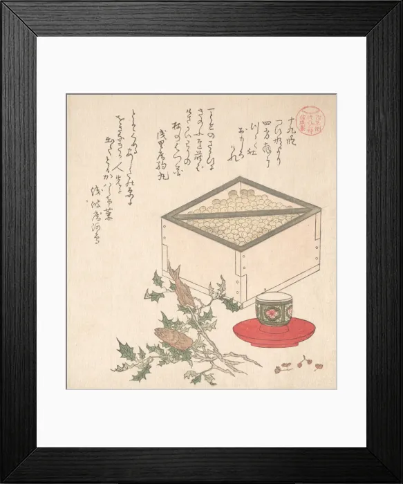 Framed Print : Green Peas in a Measure and Sprays of Hollyhock with Heads of Sardines... 19th century Framed Print : Green Peas in a Measure and Sprays of Hollyhock with Heads of Sardines... 19th century