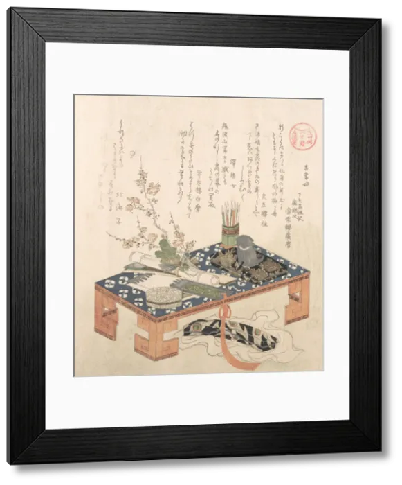 Framed Print : Desk with Writing Set and Plum Flowers... probably 1814 (Year of the Dog) Framed Print : Desk with Writing Set and Plum Flowers... probably 1814 (Year of the Dog)