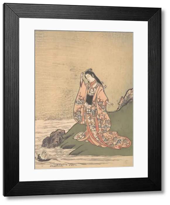 Framed Print : A Girl on the Edge of a Stream Sees a Demons Head in the Water, mid-late 18th century Framed Print : A Girl on the Edge of a Stream Sees a Demons Head in the Water, mid-late 18th century