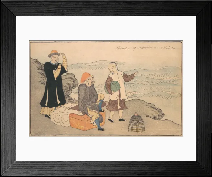 Framed Print : Group of Three Chinese Men on a Cliff by the Sea, 1789. Creator: Kitao Masayoshi Framed Print : Group of Three Chinese Men on a Cliff by the Sea, 1789. Creator: Kitao Masayoshi