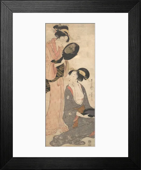 Framed Print : Two Ladies, Each with a Portion of a Lacquered Mirror, 1790s. Creator: Kitagawa Utamaro Framed Print : Two Ladies, Each with a Portion of a Lacquered Mirror, 1790s. Creator: Kitagawa Utamaro