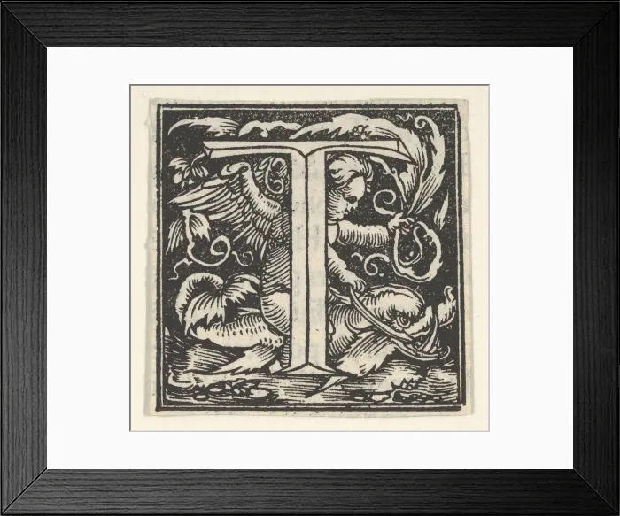 Framed Print : Initial letter T with putto, ca. 1538. Creator: Heinrich Vogtherr Framed Print : Initial letter T with putto, ca. 1538. Creator: Heinrich Vogtherr