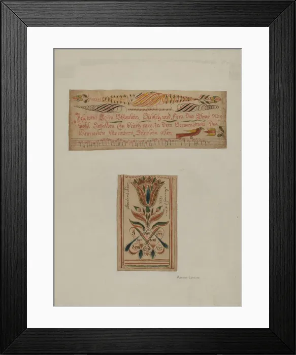 Framed Print : Fractur Paintings (Upper-a Hymn; Lower- Religious Motto), c. 1940. Creator: Albert J Framed Print : Fractur Paintings (Upper-a Hymn; Lower- Religious Motto), c. 1940. Creator: Albert J