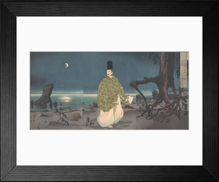 Framed Print : Heian Period Courtier on a Moonlit Beach, 19th century. Creator: Kobayashi Kiyochika Framed Print : Heian Period Courtier on a Moonlit Beach, 19th century. Creator: Kobayashi Kiyochika