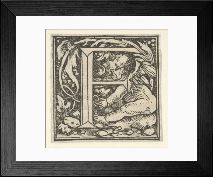 Framed Print : Initial letter F with putto, ca. 1538. Creator: Heinrich Vogtherr Framed Print : Initial letter F with putto, ca. 1538. Creator: Heinrich Vogtherr