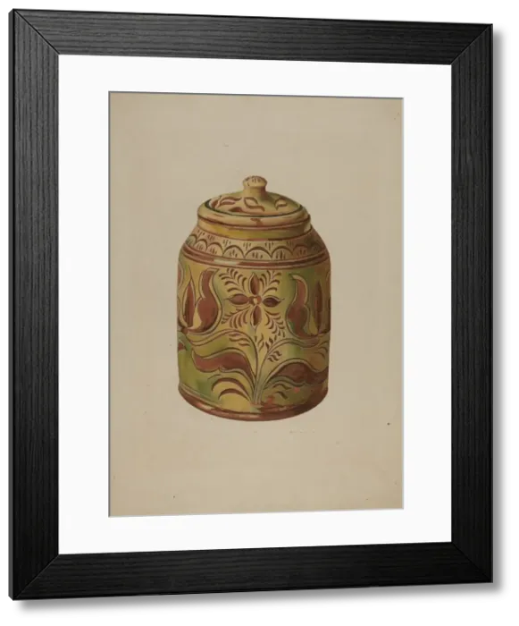 Framed Print : Pennsylvania German Covered Jar, c. 1939. Creator: Henry Moran Framed Print : Pennsylvania German Covered Jar, c. 1939. Creator: Henry Moran