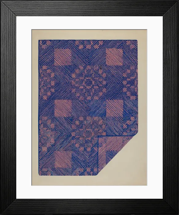 Framed Print : Piece of a Coverlet - Cobalt Blue & Rose, c. 1936. Creator: Katherine Hastings