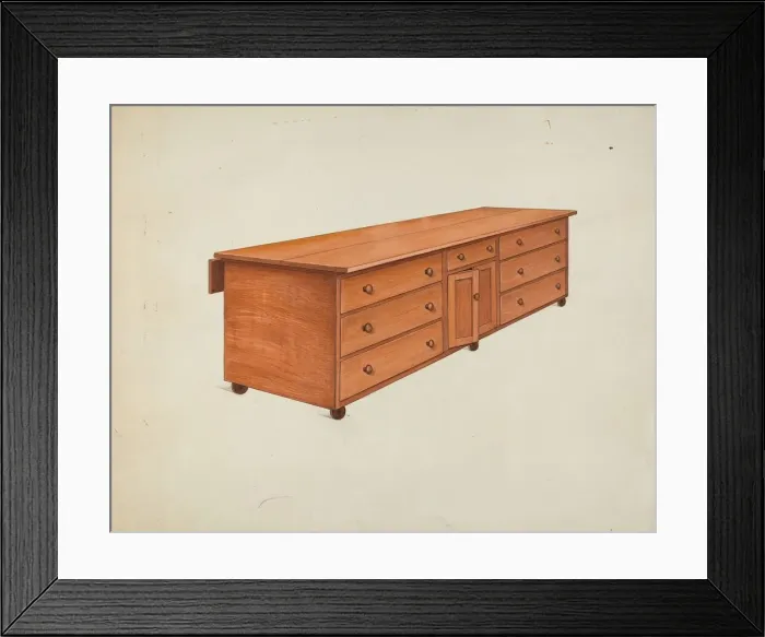 Framed Print : Shaker Tailors Work Bench, c. 1936. Creator: Ray Holden Framed Print : Shaker Tailors Work Bench, c. 1936. Creator: Ray Holden