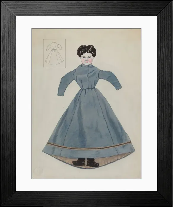 Framed Print : Doll and Dress, c. 1937. Creator: Mary E Humes Framed Print : Doll and Dress, c. 1937. Creator: Mary E Humes