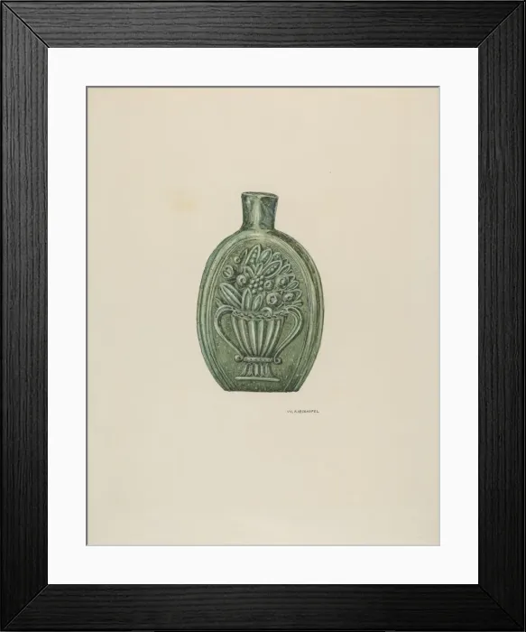 Framed Print : American Glass Flask, c. 1937. Creator: William Kieckhofel Framed Print : American Glass Flask, c. 1937. Creator: William Kieckhofel