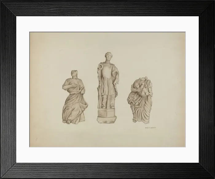 Framed Print : Faith, Hope and Charity: Stone Figures from Facade of Mission, 1936 Framed Print : Faith, Hope and Charity: Stone Figures from Facade of Mission, 1936