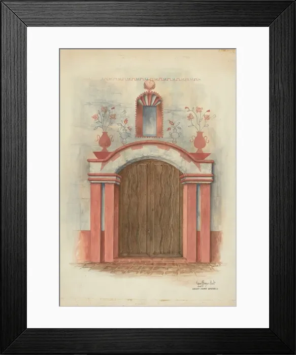 Framed Print : Restoration Drawing: Main Doorway, with Decorations, Mission House, 1938 Framed Print : Restoration Drawing: Main Doorway, with Decorations, Mission House, 1938