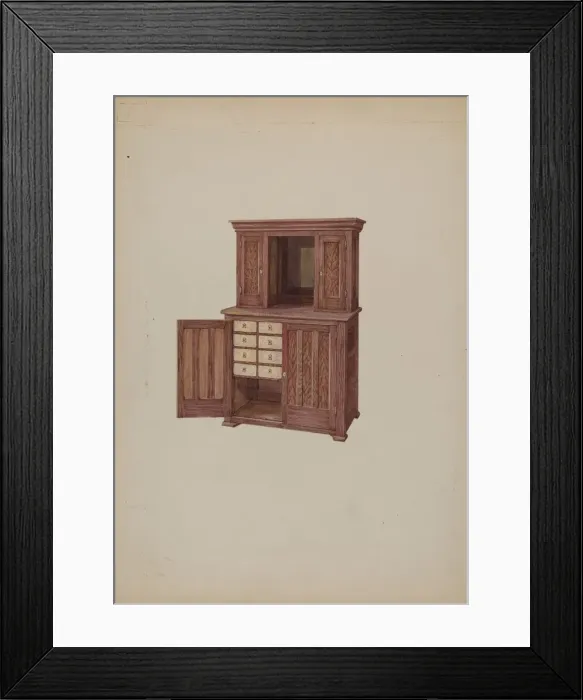 Framed Print : Cabinet, with Ivory Keyholes, c. 1937. Creator: William Kieckhofel Framed Print : Cabinet, with Ivory Keyholes, c. 1937. Creator: William Kieckhofel