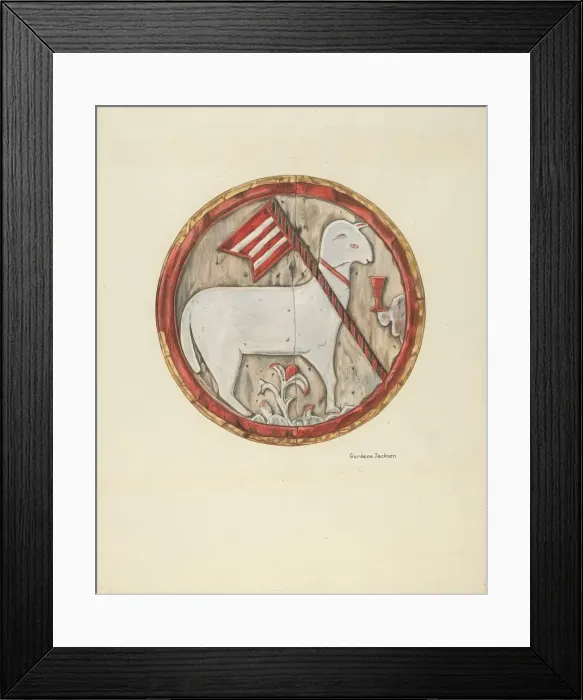 Framed Print : Wooden Plaque - Lamb of God, c. 1938. Creator: Gordena Jackson Framed Print : Wooden Plaque - Lamb of God, c. 1938. Creator: Gordena Jackson