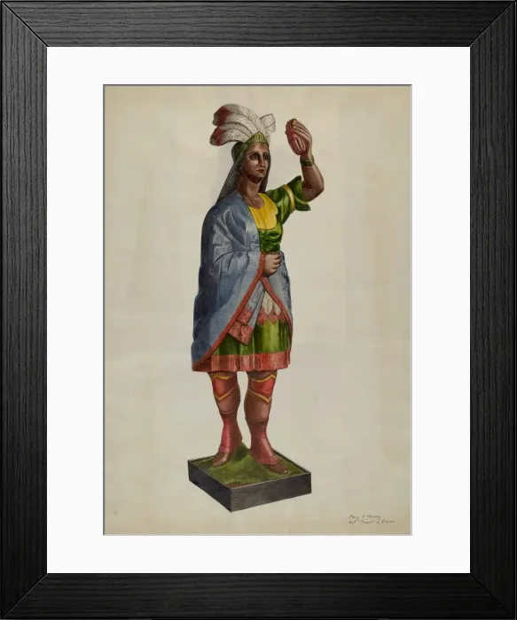 Framed Print : Cigar Store Pocahontas, c. 1939. Creator: Mary E Humes Framed Print : Cigar Store Pocahontas, c. 1939. Creator: Mary E Humes