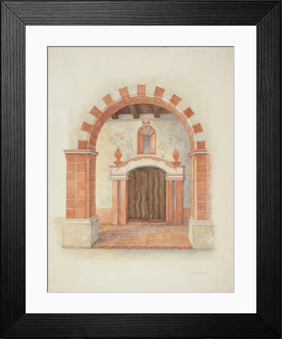 Framed Print : Restoration Drawing: Main Doorway & Arch to Mission House, c. 1939 Framed Print : Restoration Drawing: Main Doorway & Arch to Mission House, c. 1939