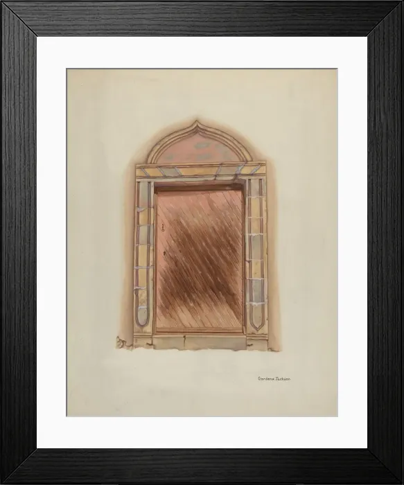 Framed Print : Carved Stone Doorway, Mission San Carlos Borromeo, 1938. Creator: Gordena Jackson Framed Print : Carved Stone Doorway, Mission San Carlos Borromeo, 1938. Creator: Gordena Jackson