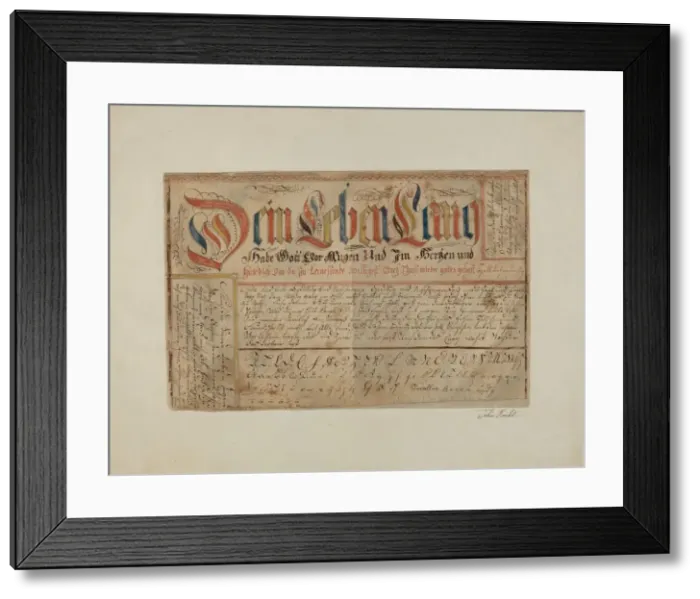 Framed Print : Fractur (Illuminated Writing), c. 1937. Creator: John Koehl Framed Print : Fractur (Illuminated Writing), c. 1937. Creator: John Koehl