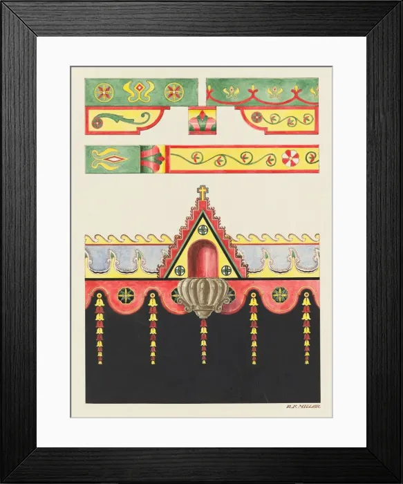 Framed Print : Wall and Ceiling Decorations, and Holy Water Font; Restoration Drawing, 1936 Framed Print : Wall and Ceiling Decorations, and Holy Water Font; Restoration Drawing, 1936