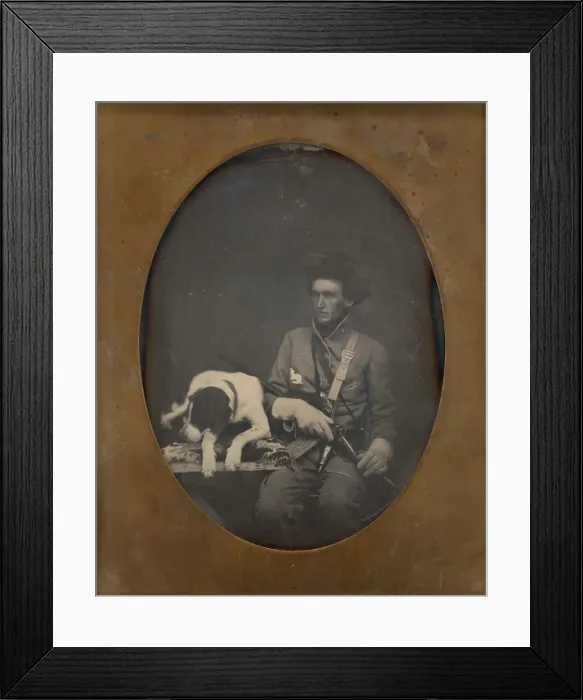 Framed Print : Untitled (Portrait of a Seated Man in Soldier Uniform with a Dog Lying to the Left of him Framed Print : Untitled (Portrait of a Seated Man in Soldier Uniform with a Dog Lying to the Left of him