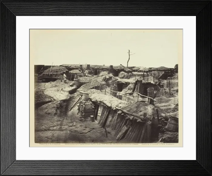Framed Print : Quarters of Men in Fort Sedgwick, May 1865. Creator: Alexander Gardner Framed Print : Quarters of Men in Fort Sedgwick, May 1865. Creator: Alexander Gardner