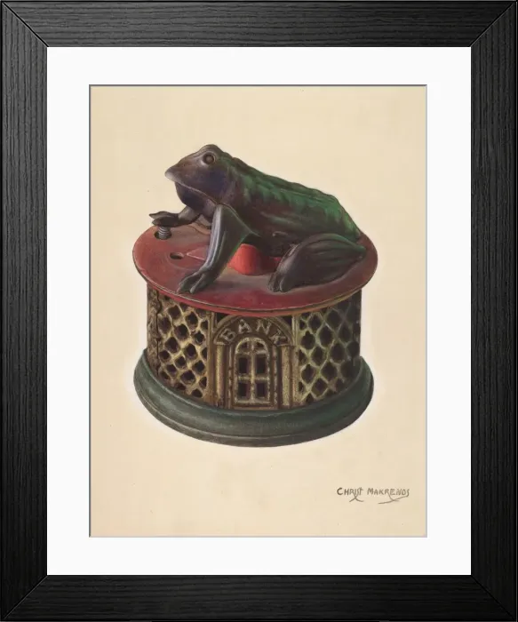 Framed Print : Toy Bank: Frog, c. 1938. Creator: Chris Makrenos Framed Print : Toy Bank: Frog, c. 1938. Creator: Chris Makrenos