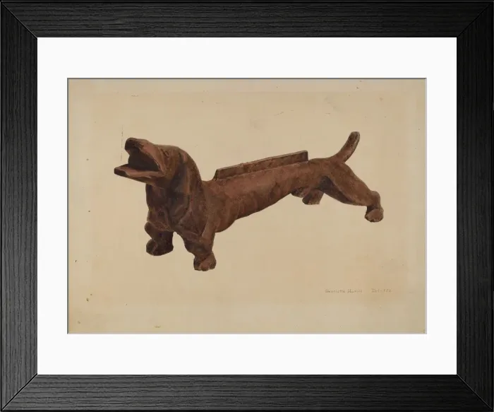 Framed Print : Dachsund Foot Scraper, c. 1942. Creator: Henrietta S. Hukill Framed Print : Dachsund Foot Scraper, c. 1942. Creator: Henrietta S. Hukill