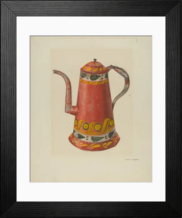 Framed Print : Toleware Tin Coffee Pot, c. 1938. Creator: Harry Grossen Framed Print : Toleware Tin Coffee Pot, c. 1938. Creator: Harry Grossen