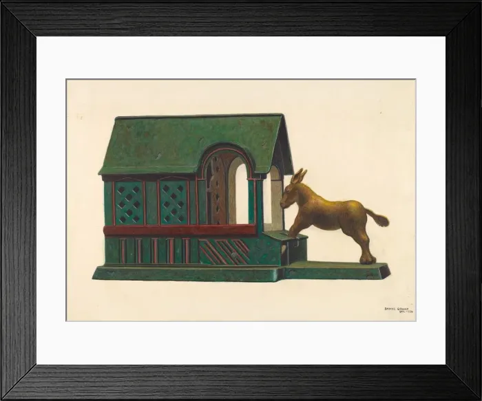 Framed Print : Toy Bank: Mule and Manger, c. 1942. Creator: DJ Grant Framed Print : Toy Bank: Mule and Manger, c. 1942. Creator: DJ Grant