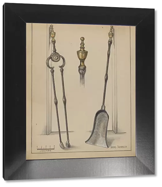 Fire Tongs, Shovel, and Jamb Hooks, c. 1936. Creator: Hans Korsch