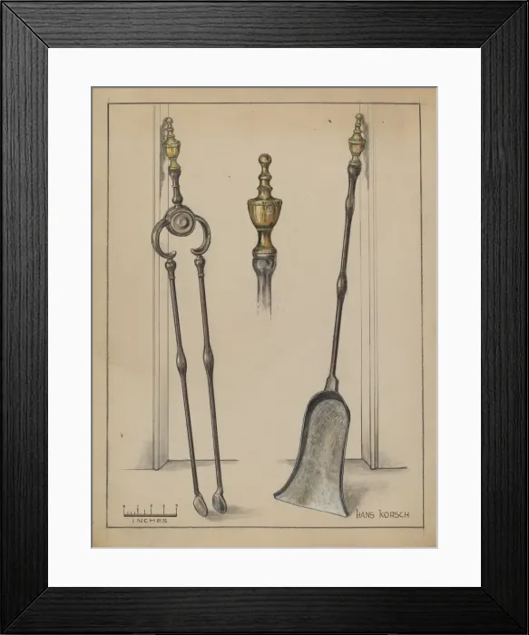 Framed Print : Fire Tongs, Shovel, and Jamb Hooks, c. 1936. Creator: Hans Korsch Framed Print : Fire Tongs, Shovel, and Jamb Hooks, c. 1936. Creator: Hans Korsch