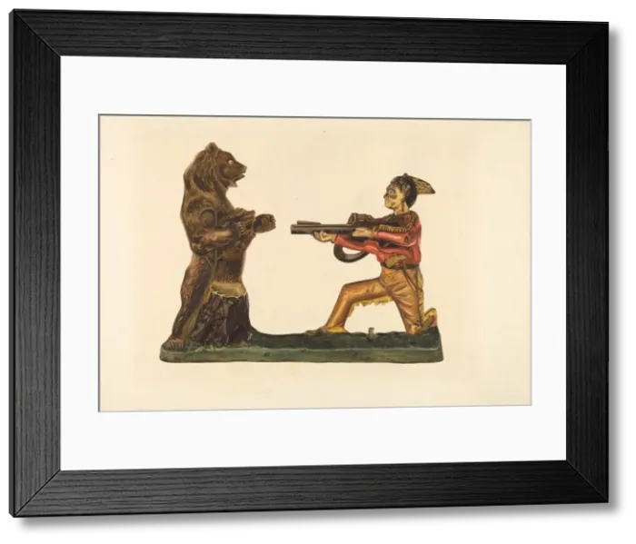 Framed Print : Toy Bank: Hunter Shooting Bear, c. 1938. Creator: Einar Heiberg Framed Print : Toy Bank: Hunter Shooting Bear, c. 1938. Creator: Einar Heiberg