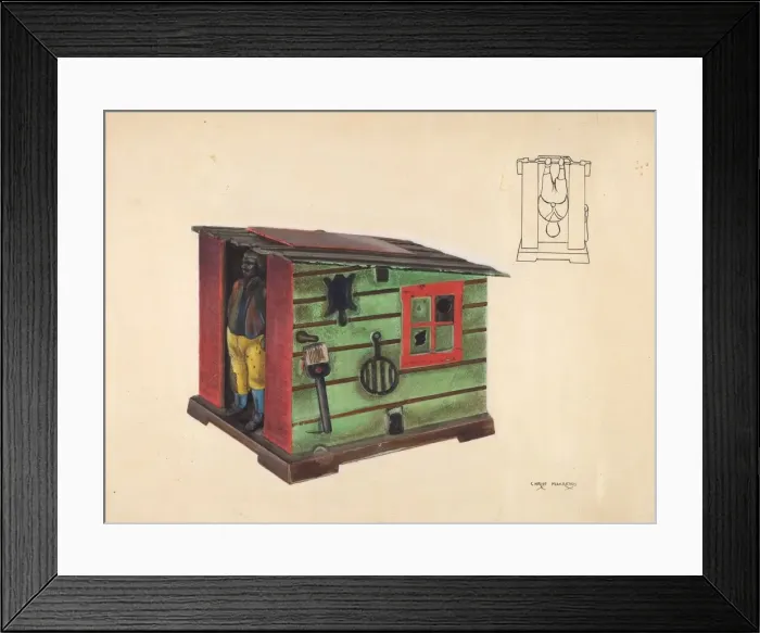 Framed Print : Toy bank: Man in a Cabin, c. 1937. Creator: Chris Makrenos Framed Print : Toy bank: Man in a Cabin, c. 1937. Creator: Chris Makrenos