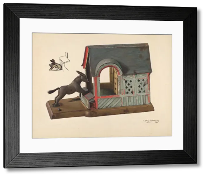 Framed Print : Toy Bank: Mule and Manger, c. 1937. Creator: Chris Makrenos Framed Print : Toy Bank: Mule and Manger, c. 1937. Creator: Chris Makrenos
