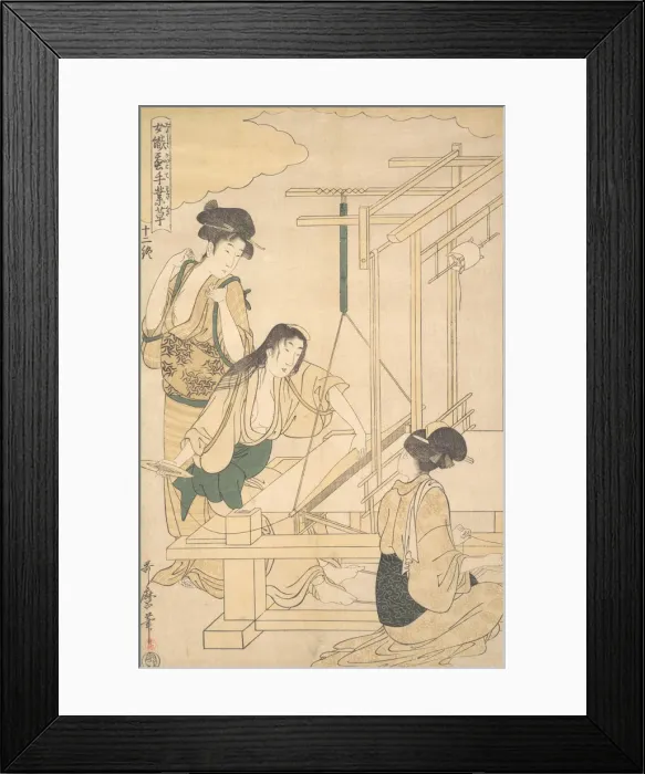 Framed Print : Women Weaving Silk Cloth, ca. 1800. Creator: Kitagawa Utamaro Framed Print : Women Weaving Silk Cloth, ca. 1800. Creator: Kitagawa Utamaro