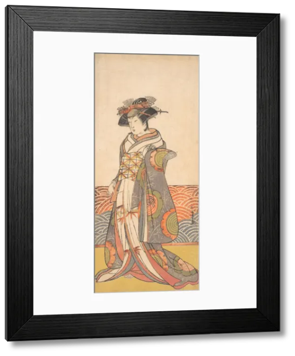 Framed Print : The Third Segawa Kikunojo as a Woman Standing in a Room Having a Wave-pattern Dado, ca. 1779. Creator: Shunsho Framed Print : The Third Segawa Kikunojo as a Woman Standing in a Room Having a Wave-pattern Dado, ca. 1779. Creator: Shunsho