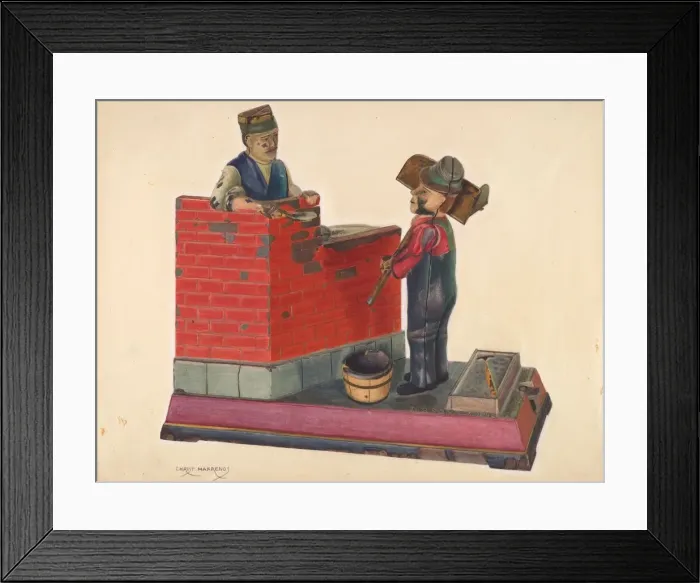 Framed Print : Cast Iron Toy Bank: Masons, c. 1937. Creator: Chris Makrenos Framed Print : Cast Iron Toy Bank: Masons, c. 1937. Creator: Chris Makrenos