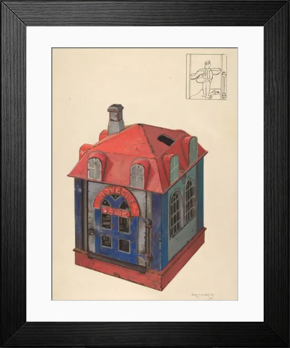 Framed Print : Toy Bank, c. 1937. Creator: Chris Makrenos Framed Print : Toy Bank, c. 1937. Creator: Chris Makrenos