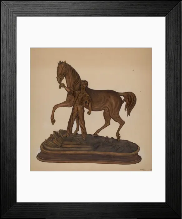 Framed Print : Horse and Man Woodcarving, 1939. Creator: Marie Lutrell Framed Print : Horse and Man Woodcarving, 1939. Creator: Marie Lutrell