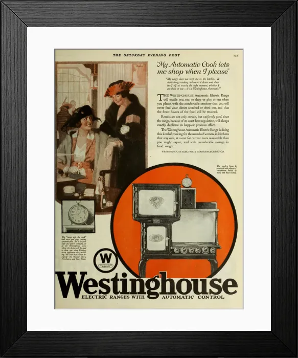 Framed Print : Westinghouse Electric Company, Advertising From The Saturday Evening Post, ca 1920-1925 Framed Print : Westinghouse Electric Company, Advertising From The Saturday Evening Post, ca 1920-1925