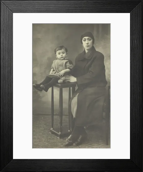 Framed Print : Untitled postcard (Woman with Boy on Stand), 1873. Creator: Unknown Framed Print : Untitled postcard (Woman with Boy on Stand), 1873. Creator: Unknown