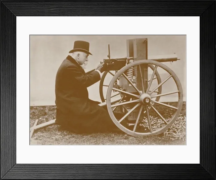 Framed Print : Hiram Maxim (1840-1916) presents the first automatic machine gun, 1884 Framed Print : Hiram Maxim (1840-1916) presents the first automatic machine gun, 1884