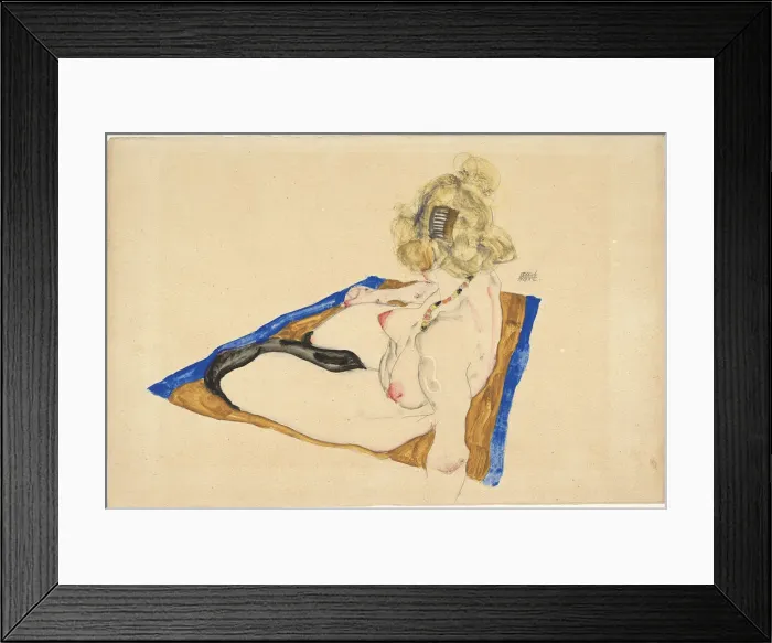 Framed Print : Blonde nude seated on a brown rug with a blue border, 1912 Framed Print : Blonde nude seated on a brown rug with a blue border, 1912