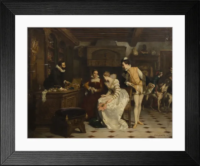 Framed Print : Jeanne d Albret Buying Poisoned Gloves from Catherine de Medicis Parfumeur... 1852-1858 Framed Print : Jeanne d Albret Buying Poisoned Gloves from Catherine de Medicis Parfumeur... 1852-1858