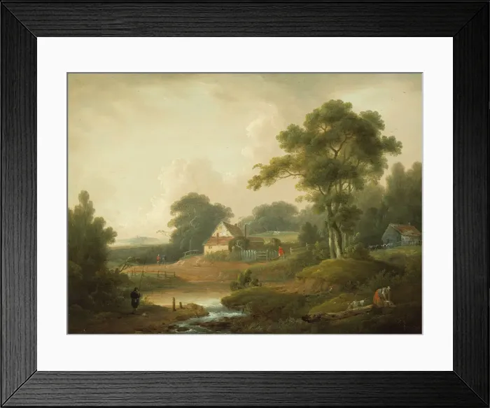 Framed Print : Landscape with Fisherman and Washerwoman, 1790 / 1800. Creators: John Rathbone Framed Print : Landscape with Fisherman and Washerwoman, 1790 / 1800. Creators: John Rathbone