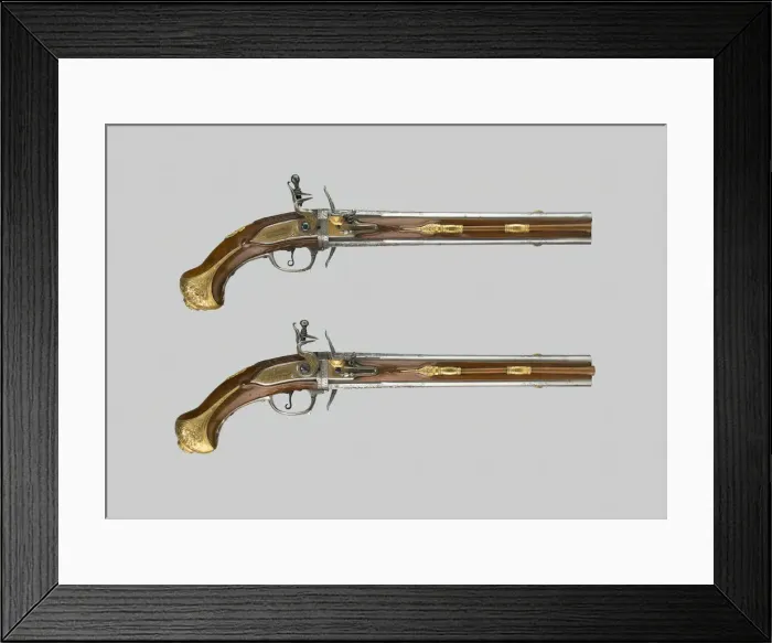 Framed Print : Double-Barrel Revolving Flintlock Holster Pistol (One of a Pair), Liege, 1720 / 30 Framed Print : Double-Barrel Revolving Flintlock Holster Pistol (One of a Pair), Liege, 1720 / 30