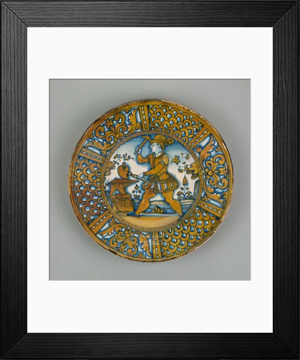 Framed Print : Display Plate with a Man Striking a Heart on an Anvil, Deruta, c. 1550. Creator: Unknown Framed Print : Display Plate with a Man Striking a Heart on an Anvil, Deruta, c. 1550. Creator: Unknown