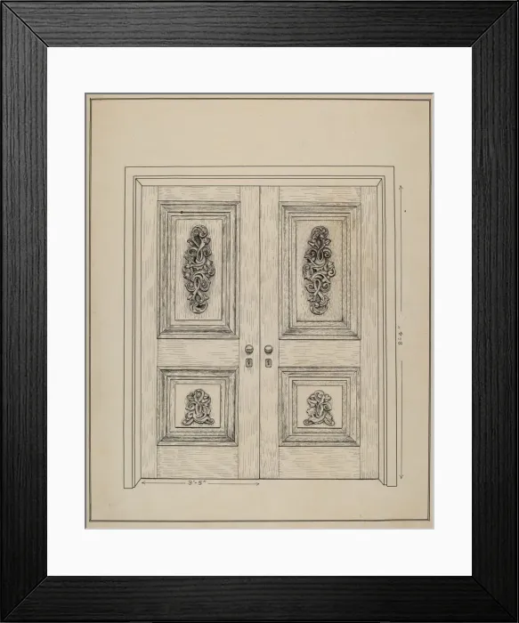 Framed Print : Carved Wooden Door, c. 1936. Creator: Ray Price Framed Print : Carved Wooden Door, c. 1936. Creator: Ray Price
