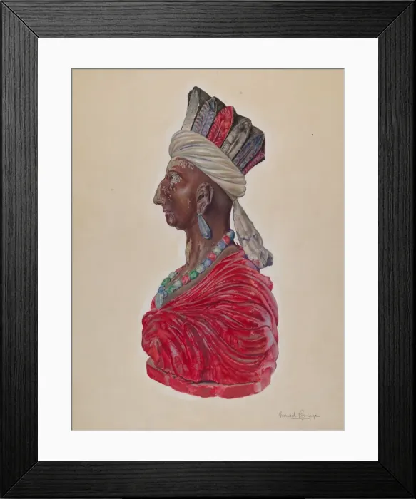 Framed Print : Wooden Indian Bust, c. 1937. Creator: David Ramage Framed Print : Wooden Indian Bust, c. 1937. Creator: David Ramage